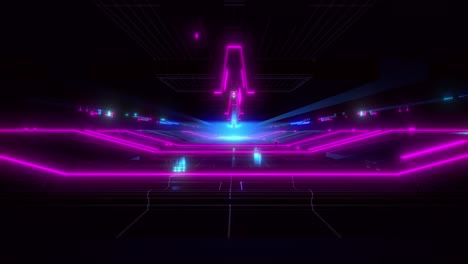 interminable hangar de ciencia ficción con luces azules y púrpuras en bucle video