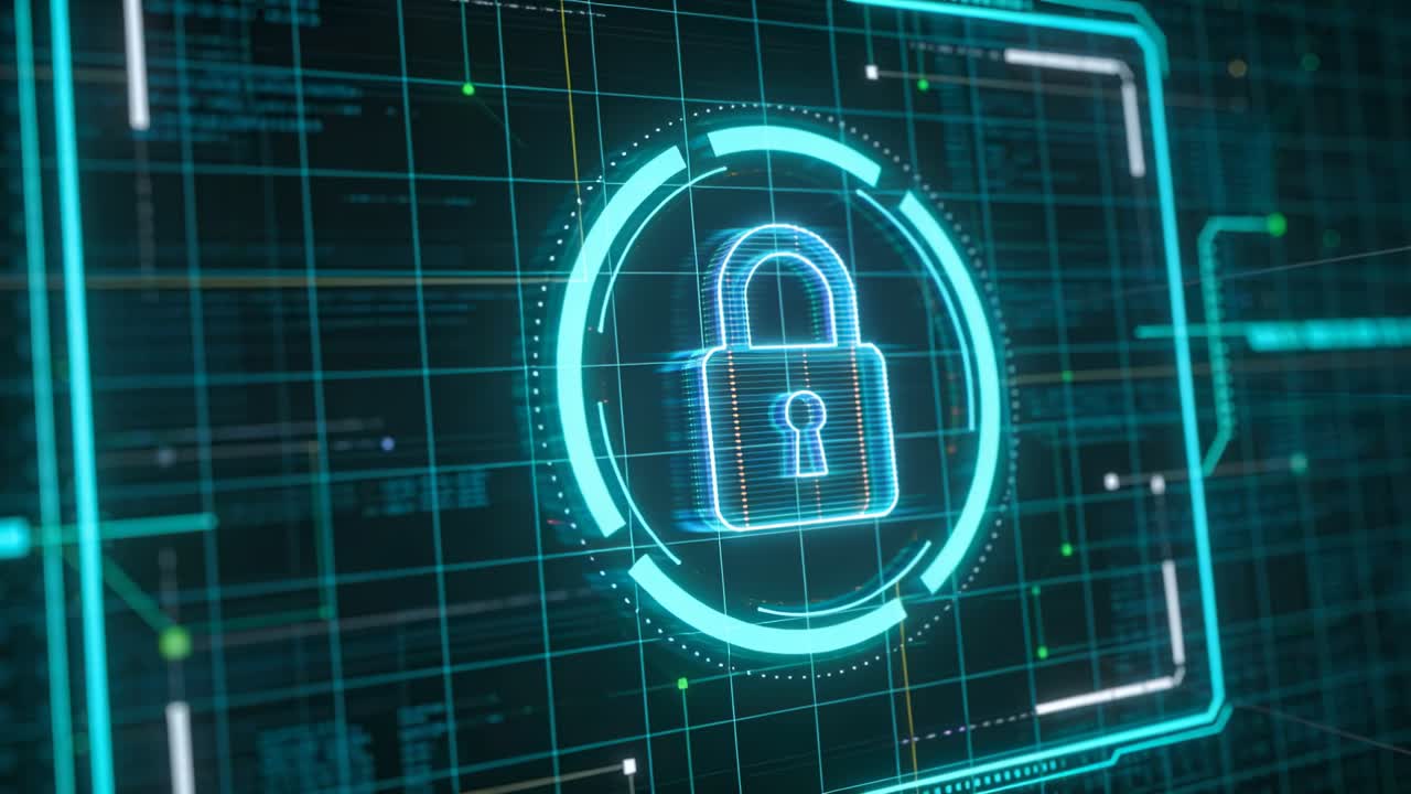 Vertical video: Starting hologram padlock in ring lighting and spinning on teal HUD, showing lock