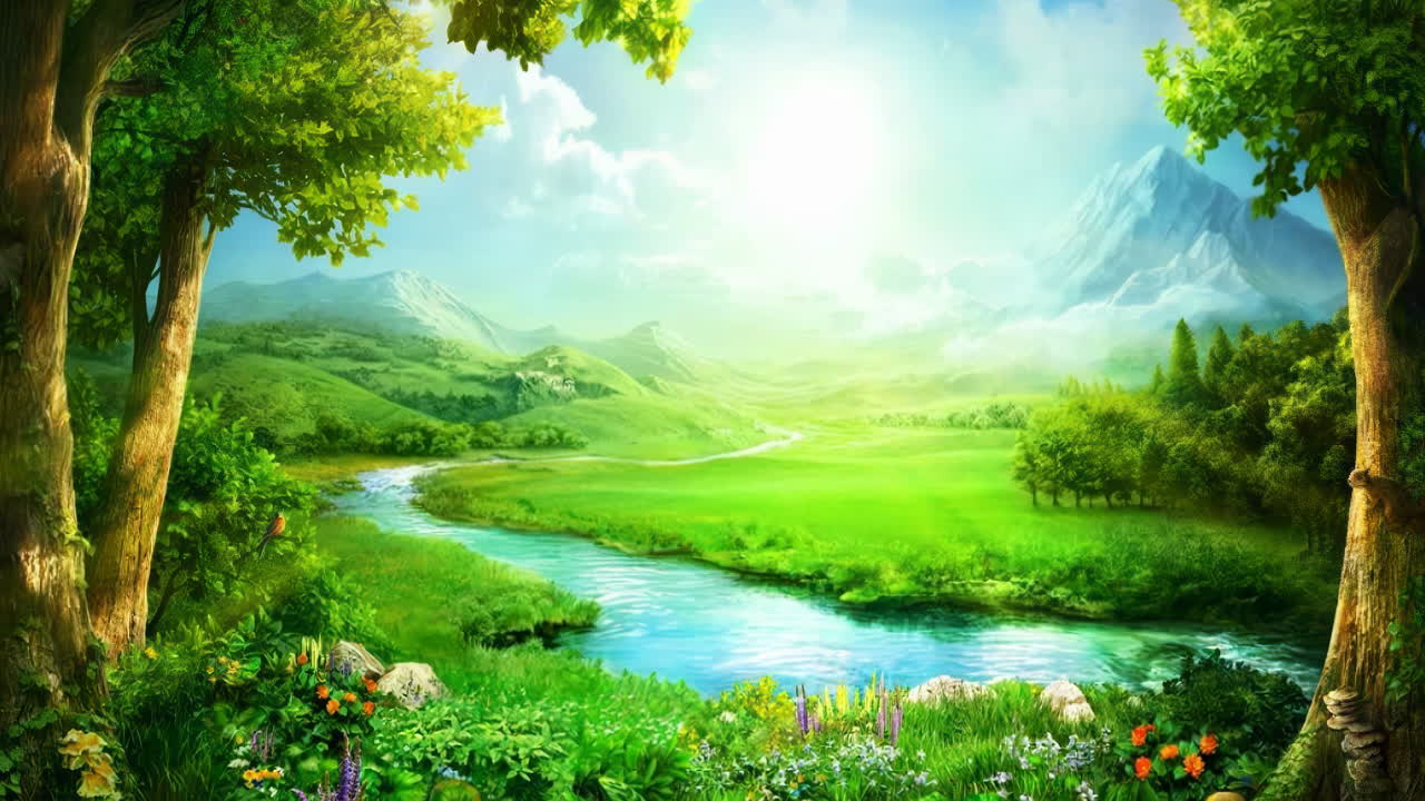 아름다운 아침 하늘, 산, 꽃, 호수, 고대 집의 환상적인 밝은 분위기 풍경, 간단한 애니메이션과 함께 일본어 중국 애니메이션 수채화 스타일