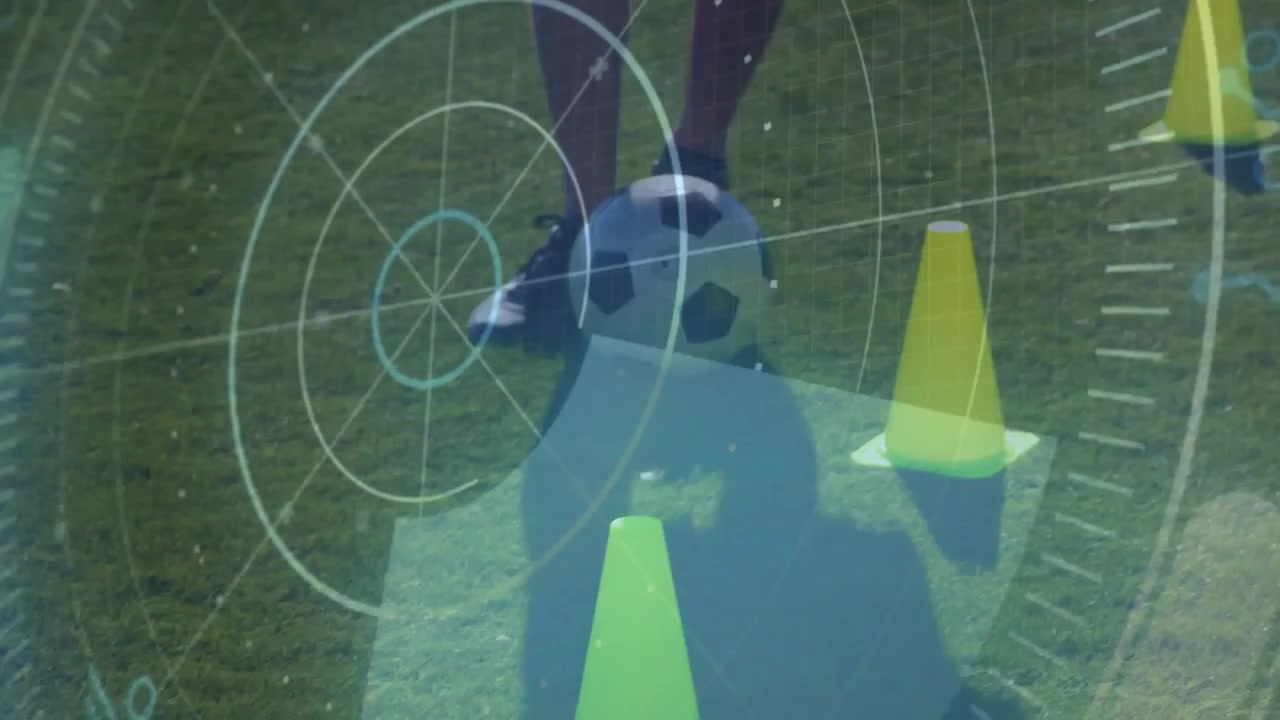 Soccer trainee starting training drill touching ball, weaving cones, radar overlay tracking motion
