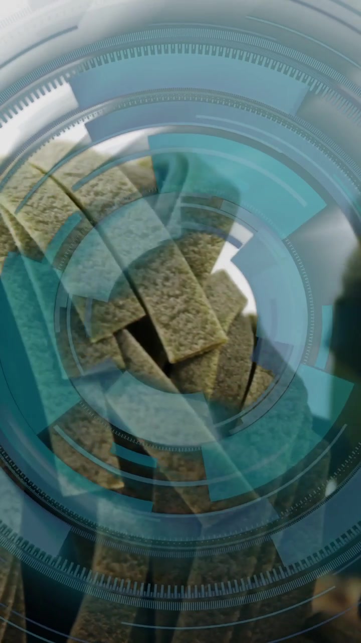 Vertical video: Suede straps rotating after pan as teal HUD pulsing, showing red tag for fashion