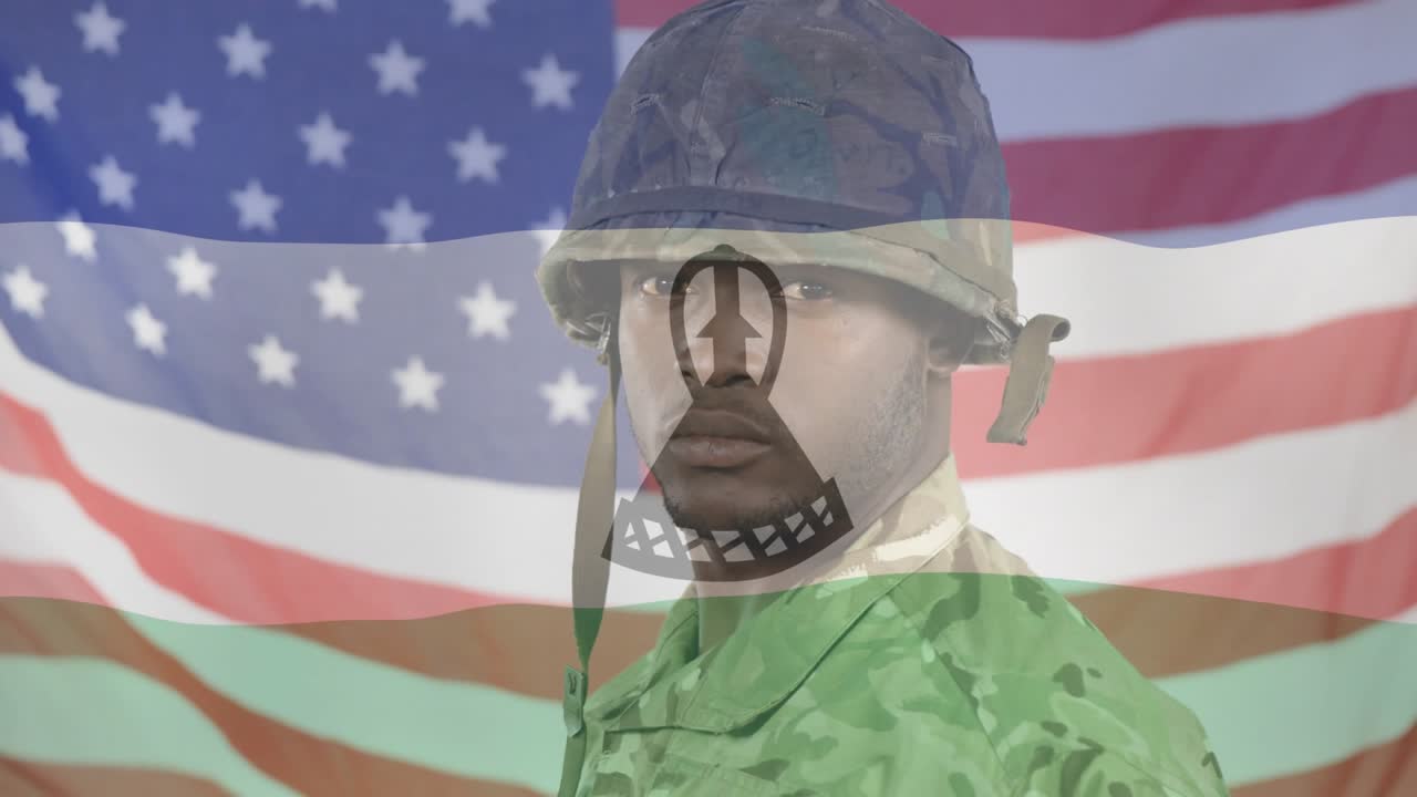 Soldier lifting hands and adjusting helmet strap for duty on US flag backdrop under Lesotho overlay