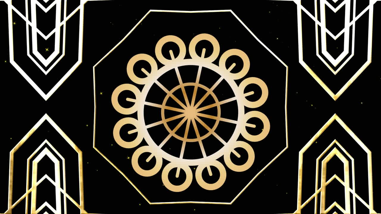 animación de formas caleidoscópicas doradas y diseño de círculos que se mueven en negro con nieve cayendo