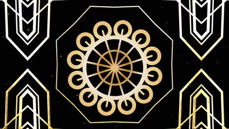 animação de formas caleidoscópicas de ouro e design de círculo movendo-se em preto com neve caindo