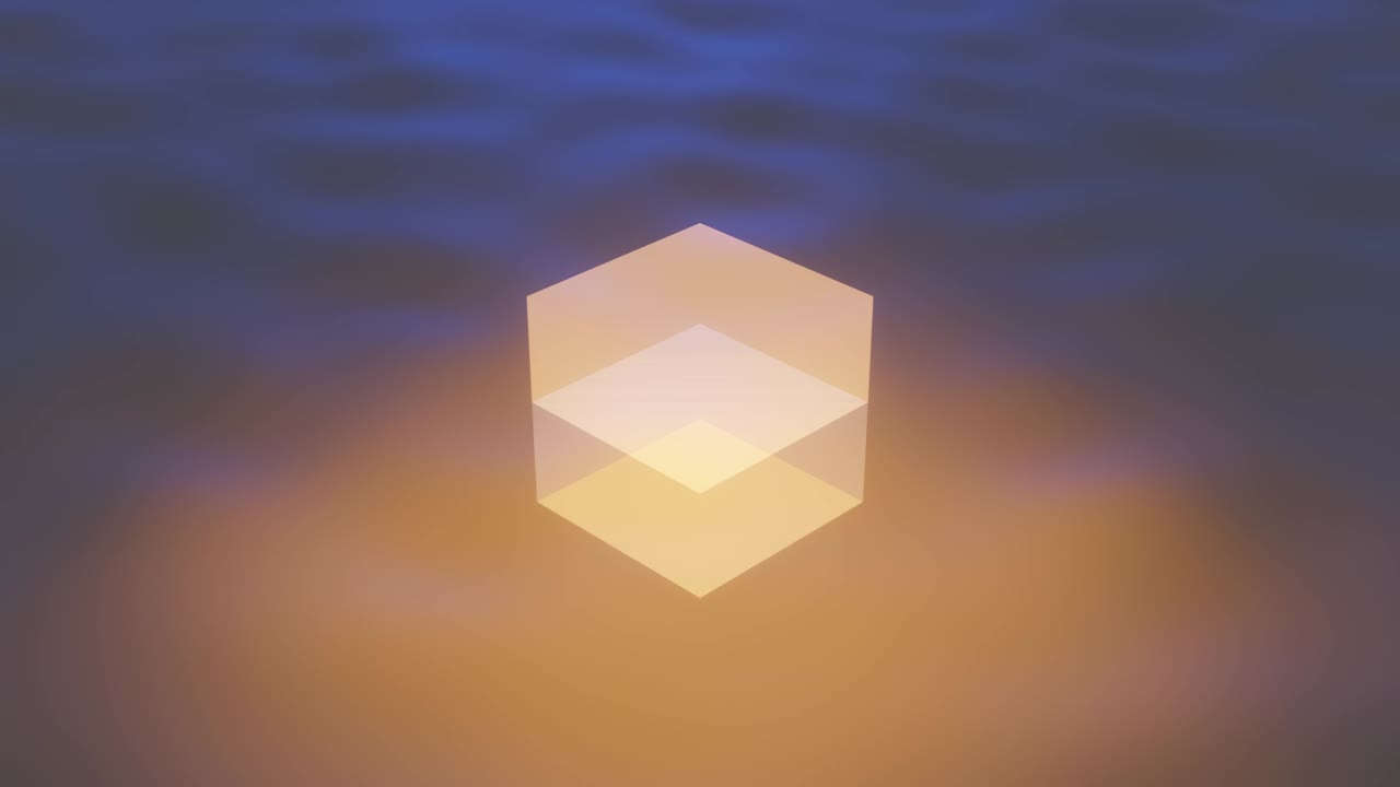 반이는 오렌지색 큐브가 물결 모양의 표면 위에 떠다닙니다. 개념 모션 그래픽 원활한 루프 객체