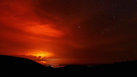 mauna loa 火山爆發時刻拍攝,夜間有星星和雲彩