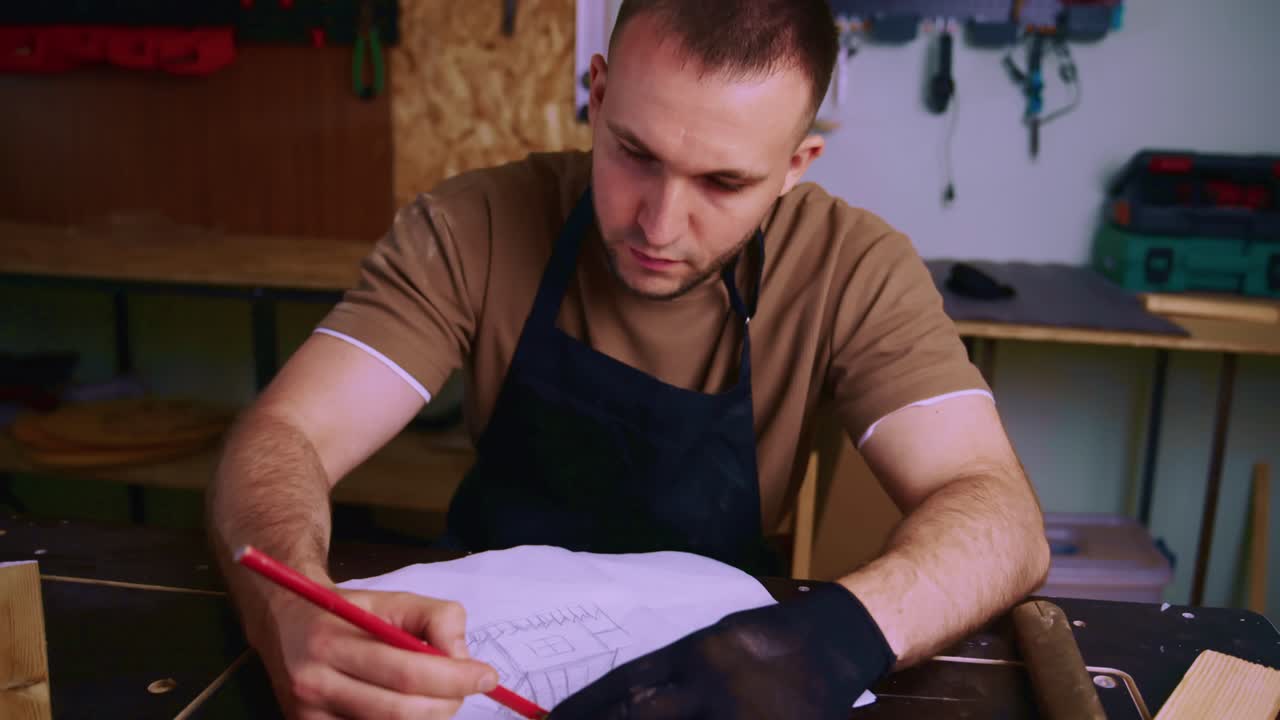 Skupiony rzemieślnik kreślący plan projektu w swoim warsztacie