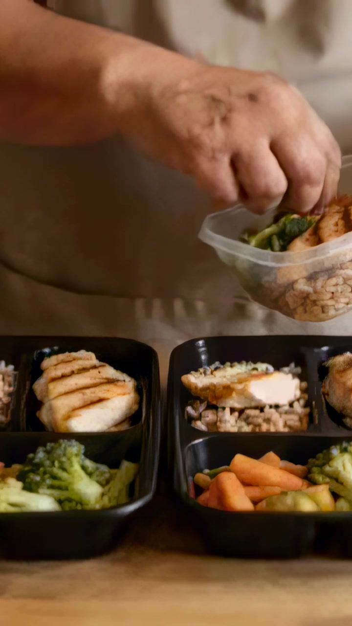 Vertical video: Placing sliced chicken man wearing apron filling trays on counter adding vegetables