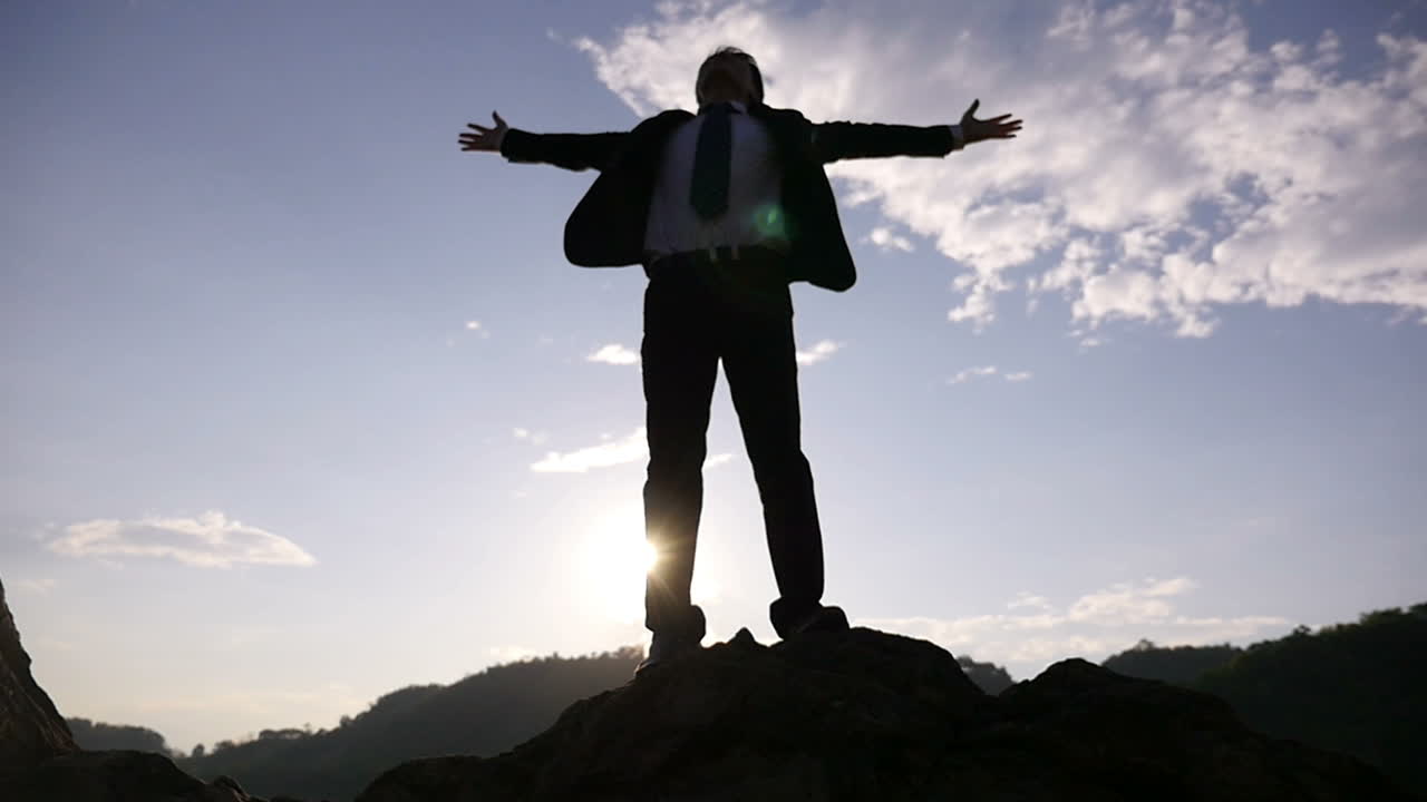 Businessman Celebrating Success on Mountaintop