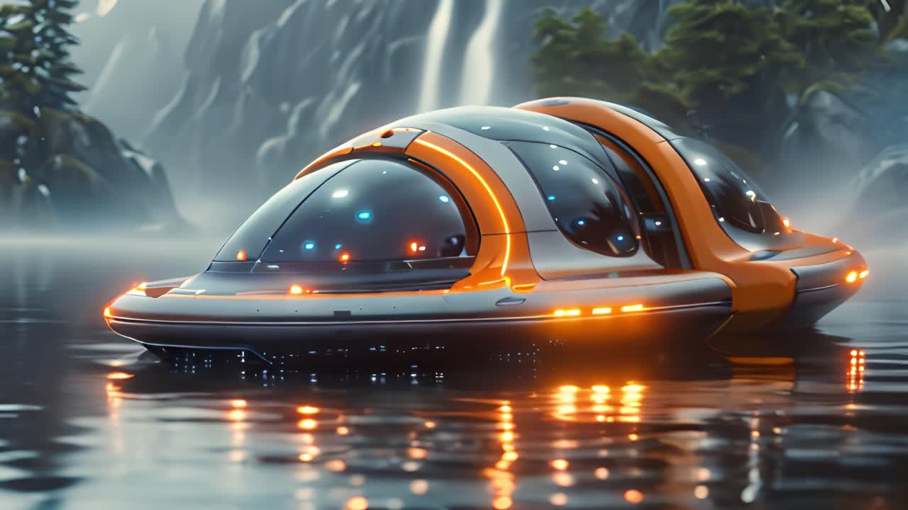 Futuristic Glowing Pod Vehicle on Serene Water with Waterfall Background