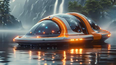futuristic glowing pod vehicle on serene water with waterfall background