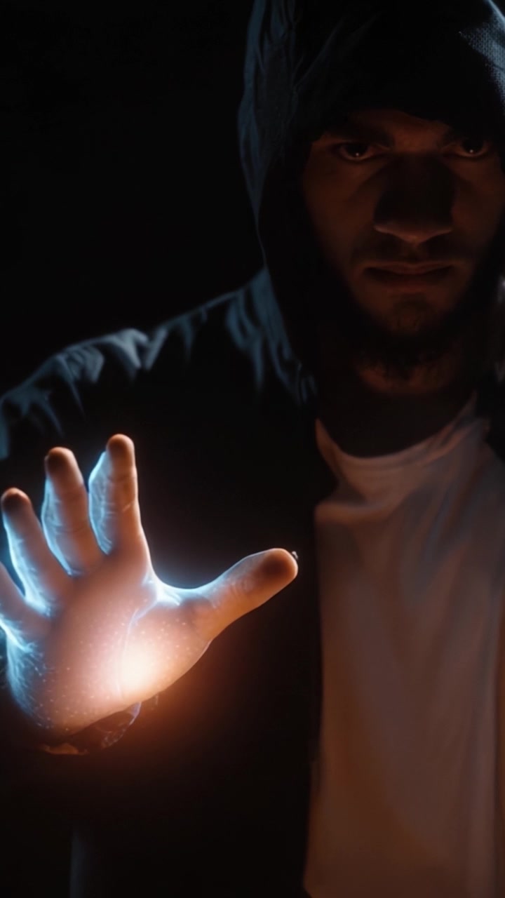 Una figura misteriosa con manos brillantes transmite una sensación de poder e intriga en un entorno oscuro, mostrando una experiencia visual cautivadora y profundidad emocional