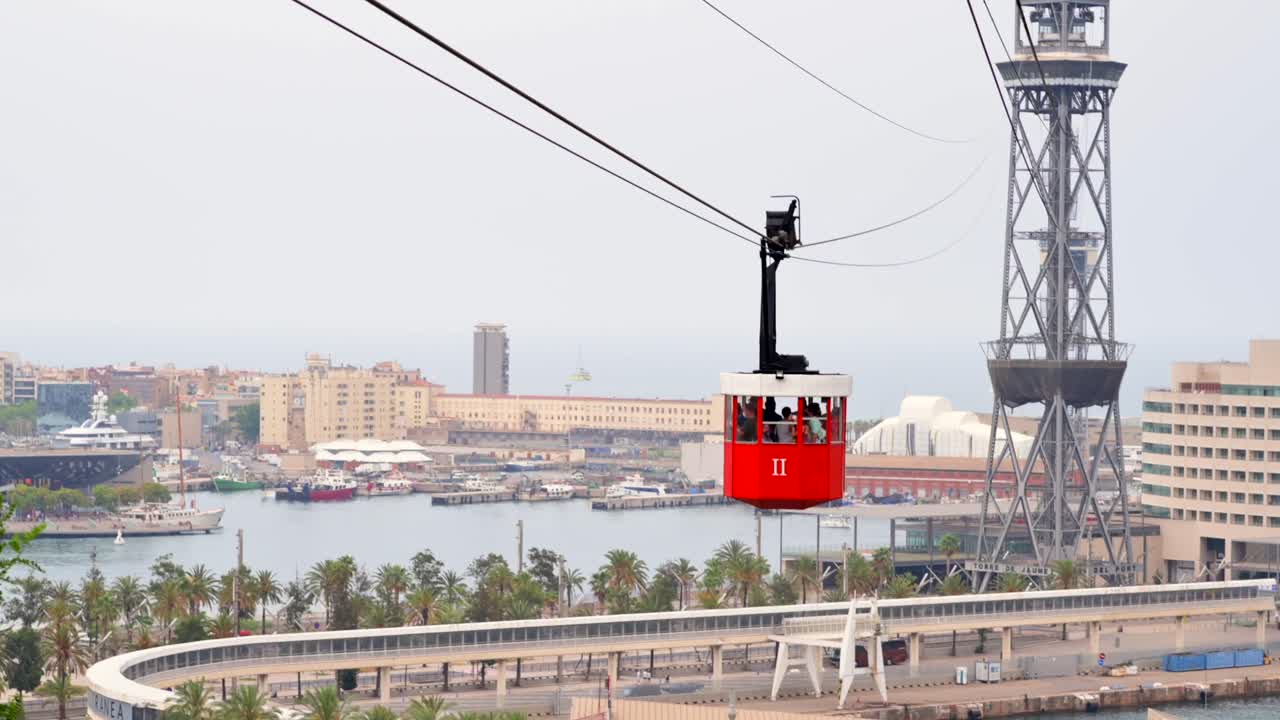 Aerial drone view of the The Port Vell Aerial Tramway in Barcelona, Catalonia, Spain