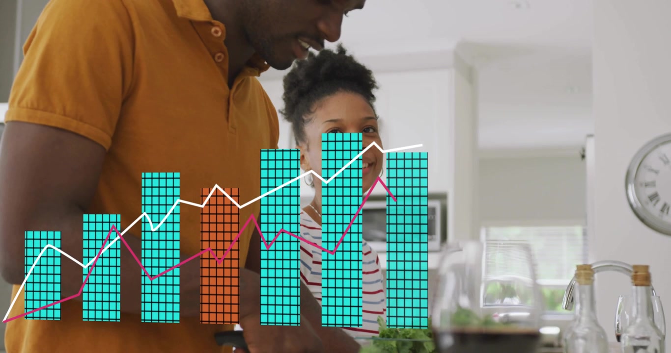 Couple chopping greens as cooking progresses animating health bar chart and trendlines rising