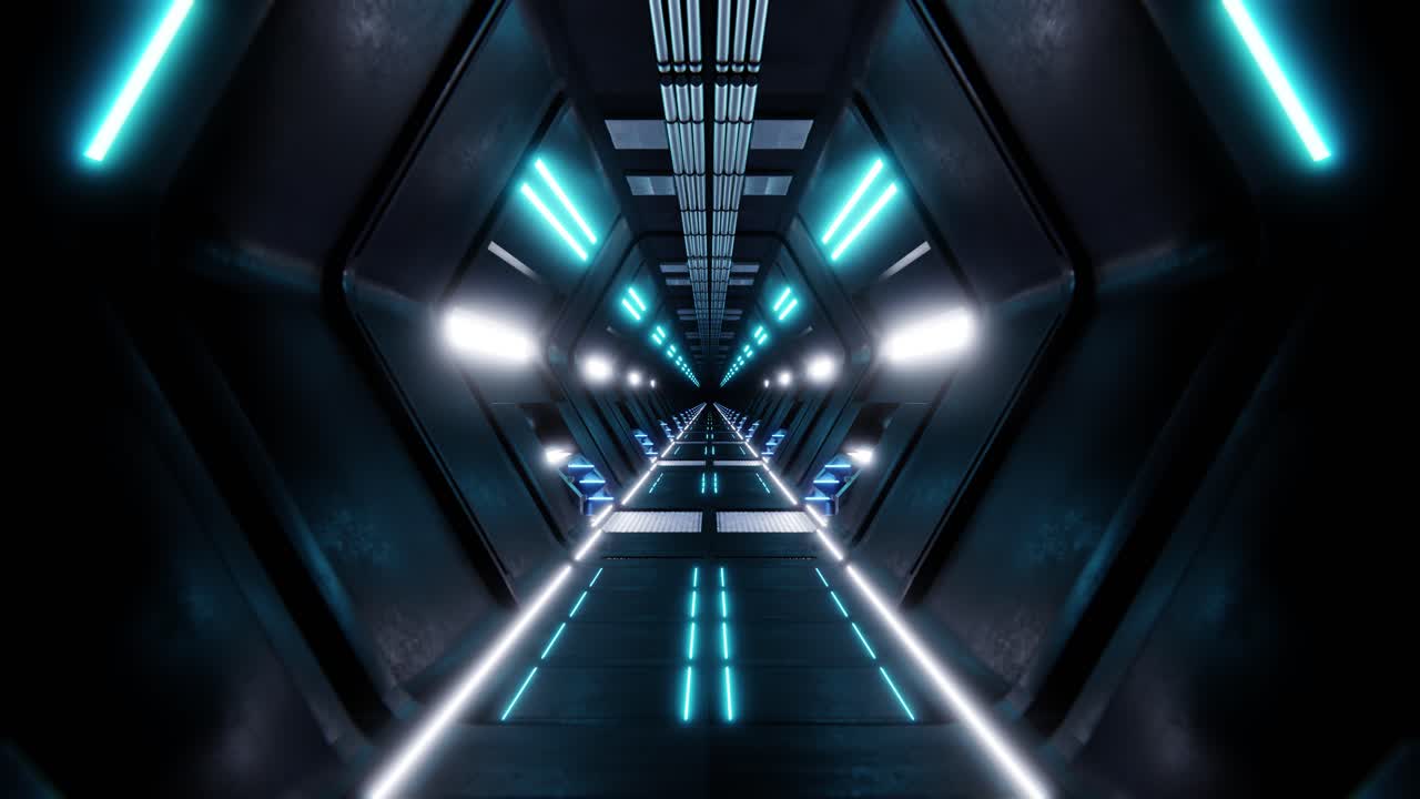 Illuminated hallway of futuristic spaceship. 3d infinite loop