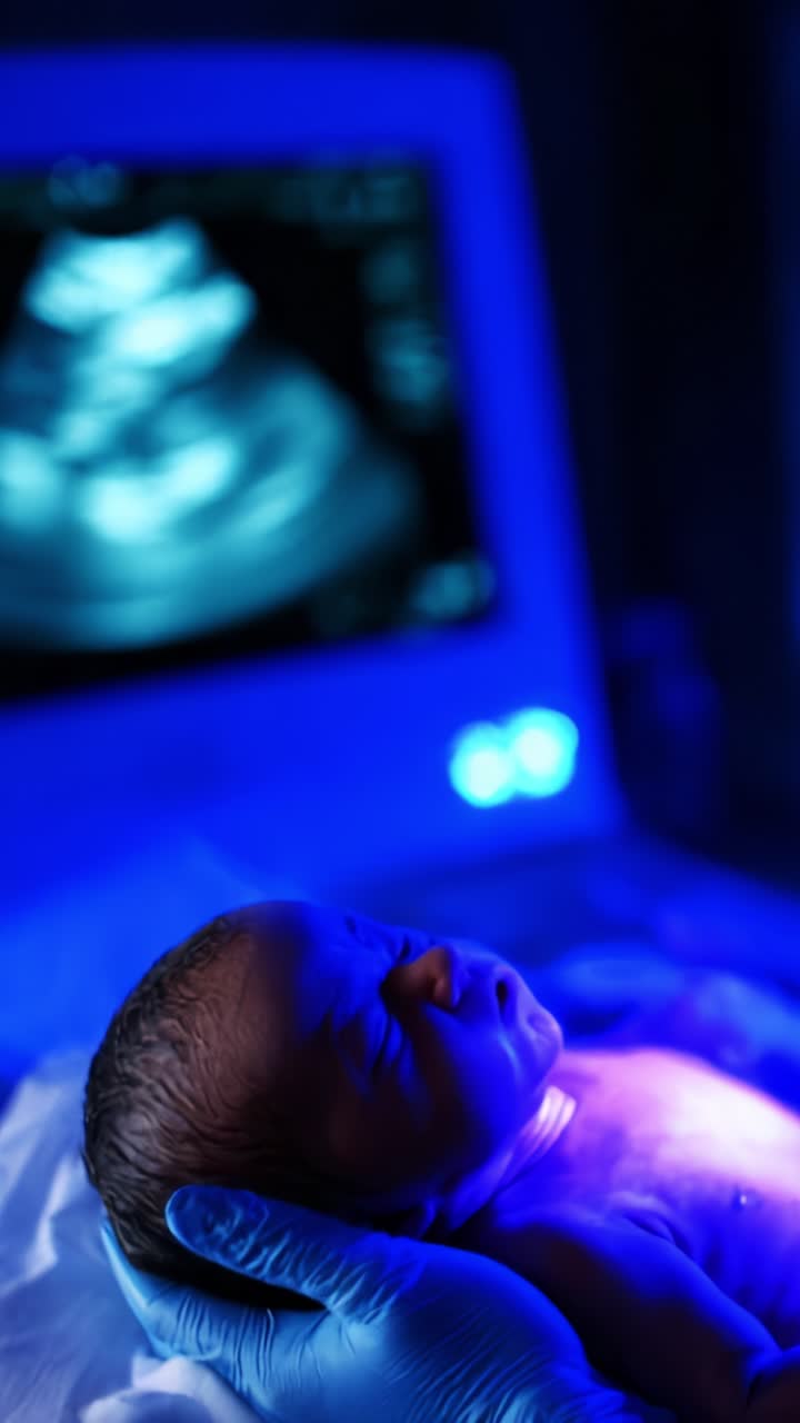 Un neonato tenuto delicatamente in un ambiente medico, con un monitor a ultrasuoni acceso che mostra la bellezza della vita e il legame tra genitore e figlio