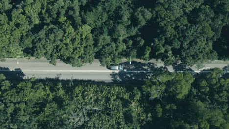 Vista-Aérea-De-Los-Coches-En-Una-Carretera-Rural-En-Un-Bosque-Verde