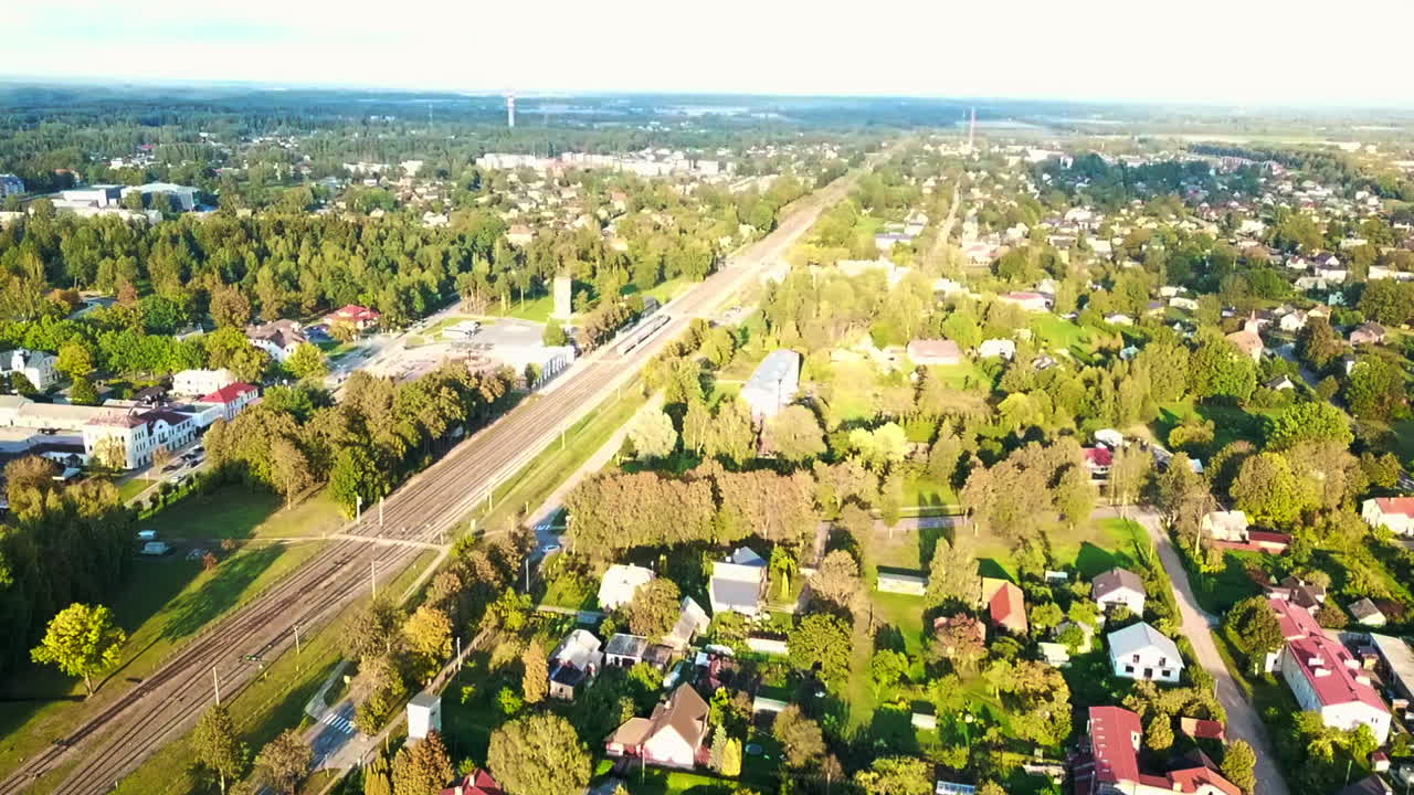 Drone capturing clustered settlement in Sigulda Suburb to Train station in Estonia