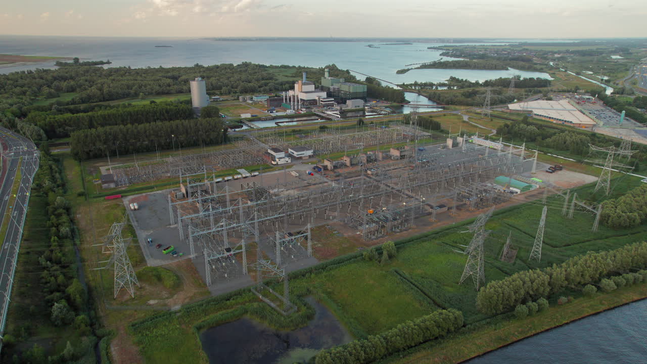 Aerial View of a Large Power Plant and Substation