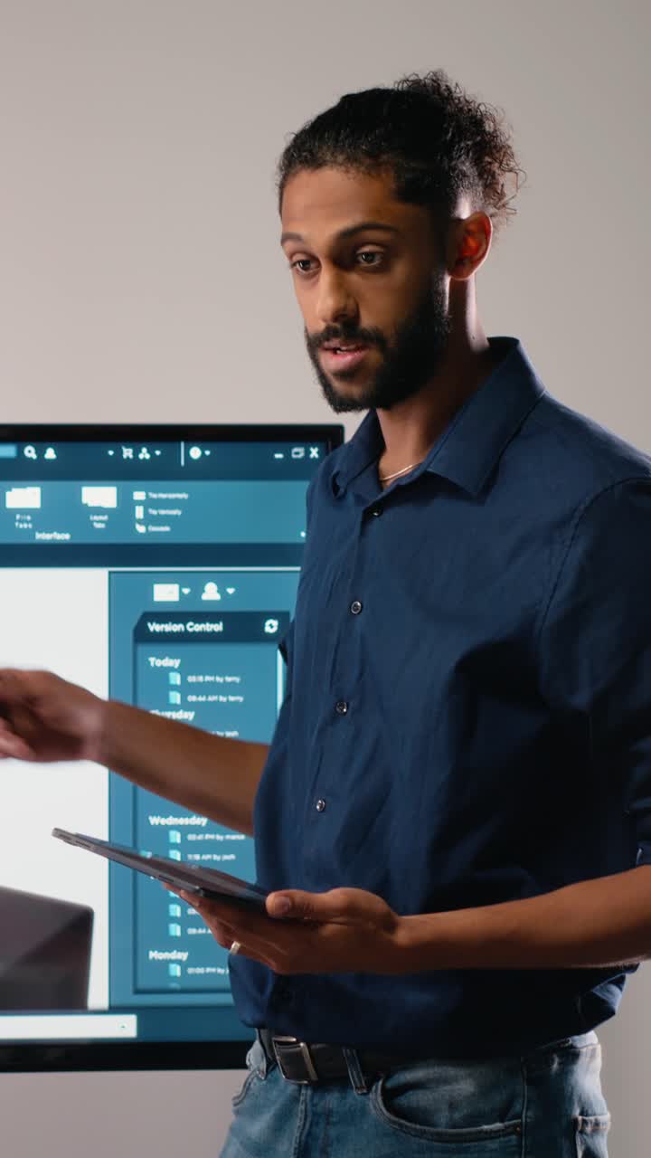 Vertical Video Middle eastern urban developer presenting blueprints master plan to colleagues