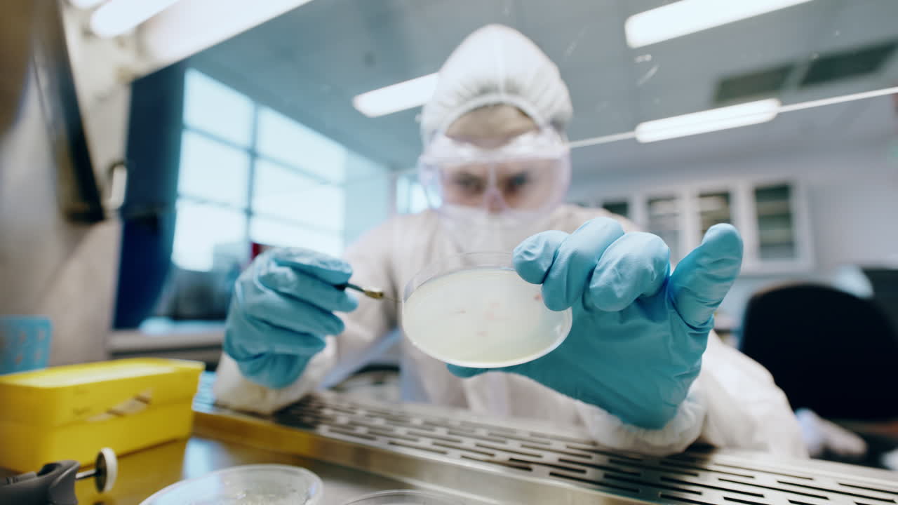 과학, 안전 및 페트리 접시를 가진 사람