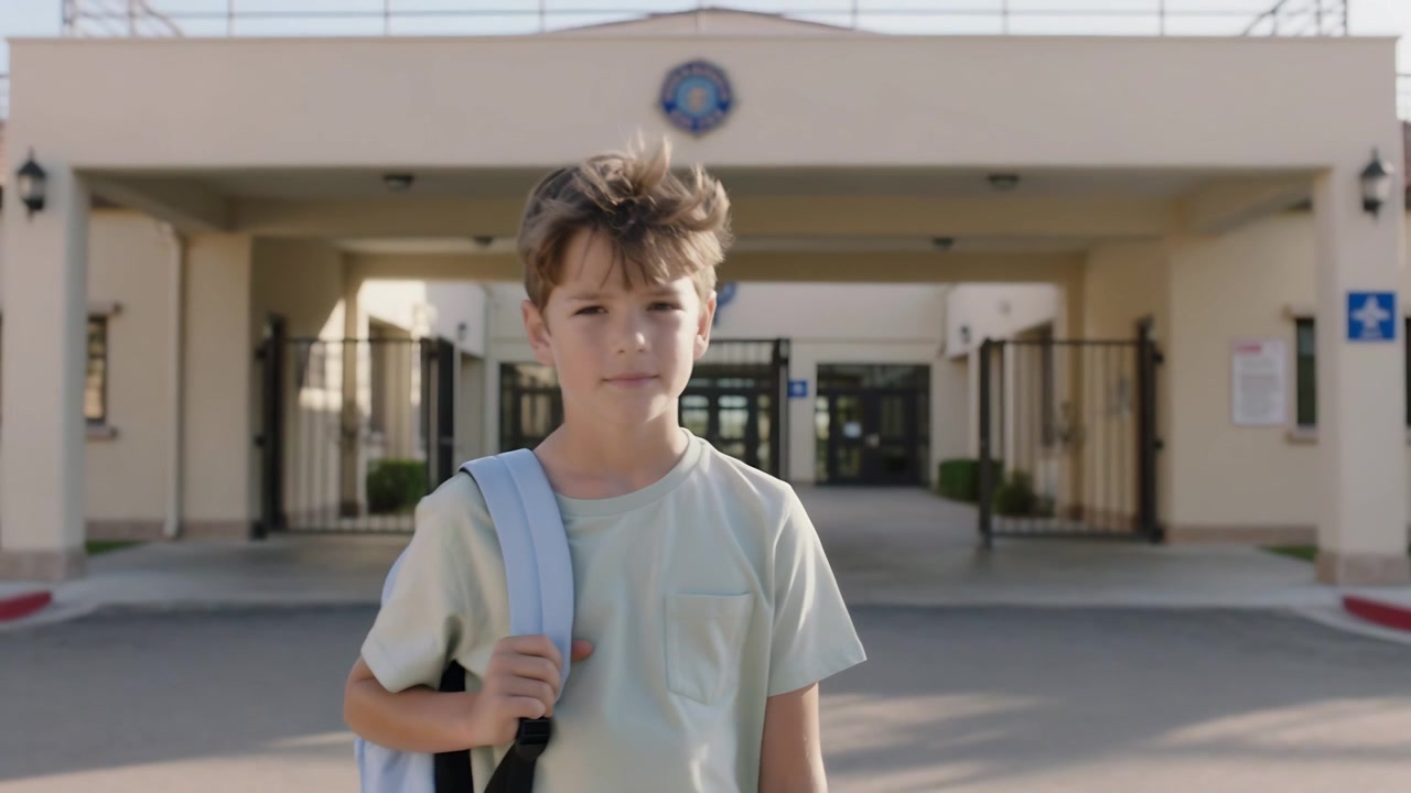 Walking schoolboy glancing back, forward, holding backpack, stopping at school entrance for class