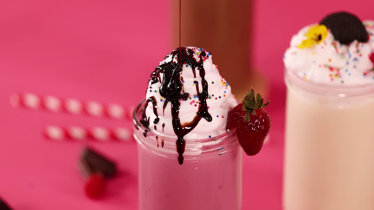Chocolate syrup pours onto whipped cream-topped strawberry milkshake, vibrant pink background, bright lighting