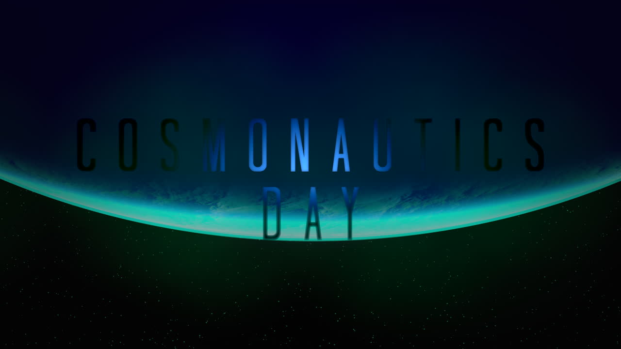 Kosmonautikkens Dag med blåt lys fra planet i mørk galakse
