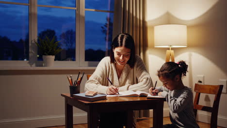 mother and daughter doing homework at night