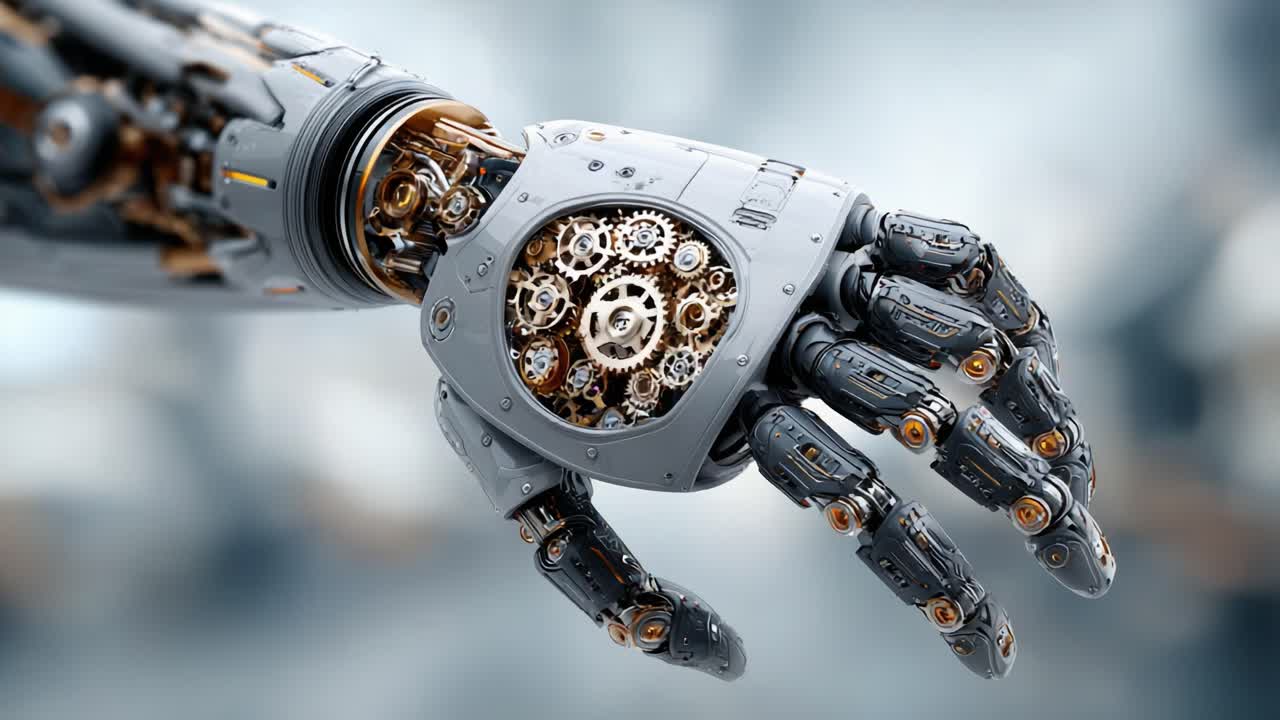 Futuristic Robotic Hand Showcasing Intricate Mechanisms, Blending Art and Technology in a Stunning Display of Robotic Engineering and Design