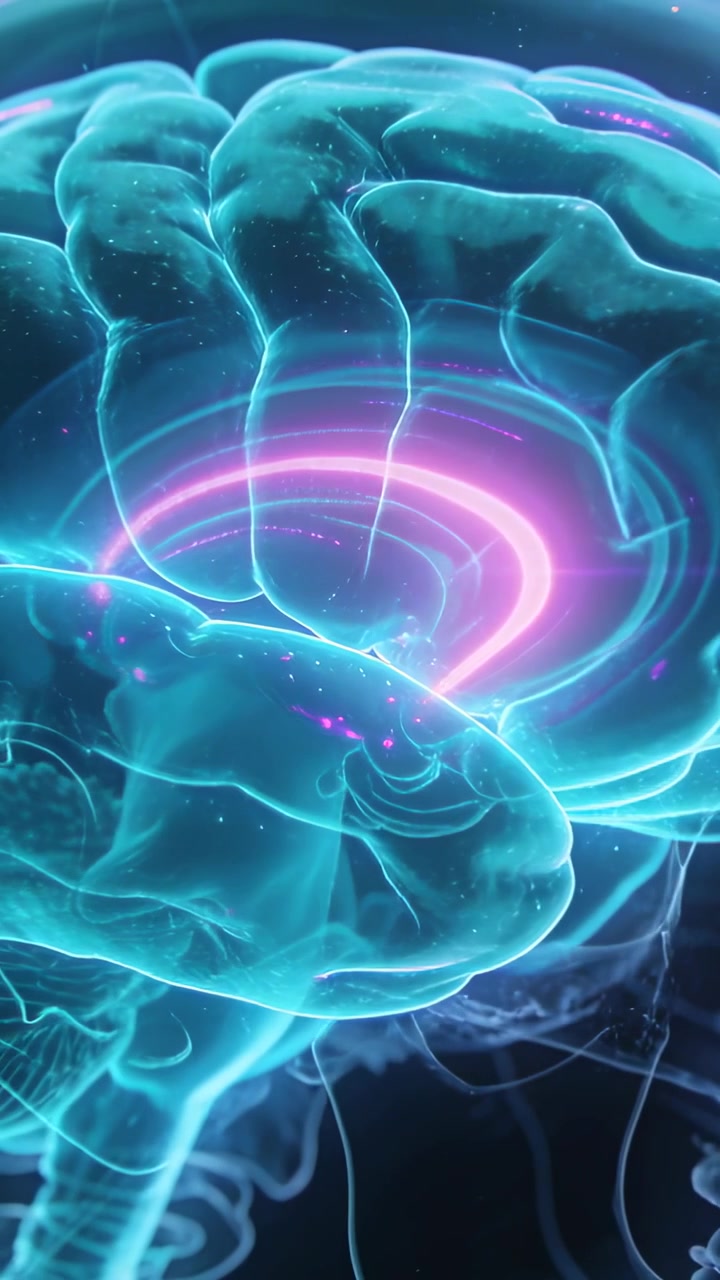 Vertical video: Rotating teal brain pulsing pink ring sparking midline activity and pulses on black