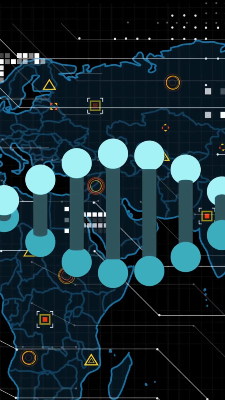 Animation of dna structure spinning over world map and data processing against black background