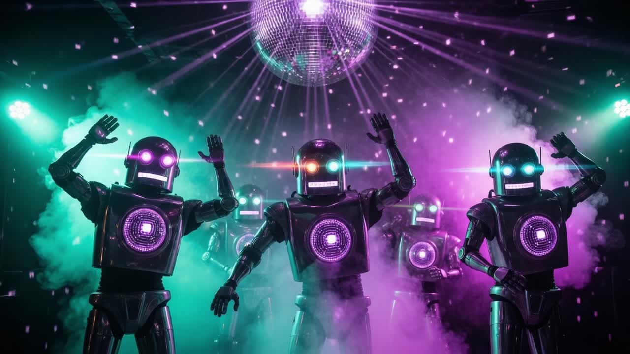 A Dazzling Dance Party with Robots: A Colorful Display of Lights, Music, and Automated Performers Grooving Under the Glittering Disco Ball
