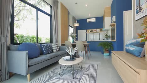 beautiful blue coloured home decoration- living area and dining area