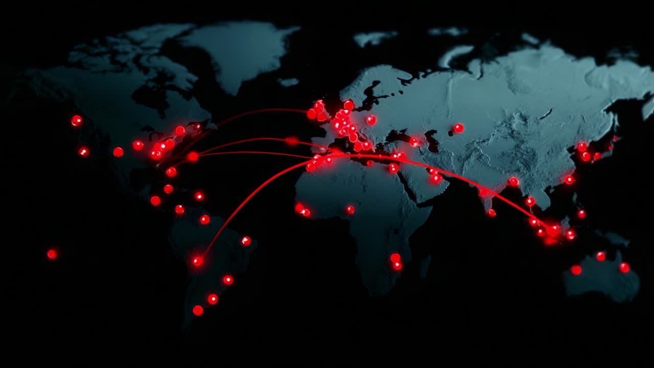 An intricate visualization of global connections, depicting a stylized world map illuminated by vibrant red nodes that represent key locations and pathways, showcasing the complexity of interconnected regions across the globe