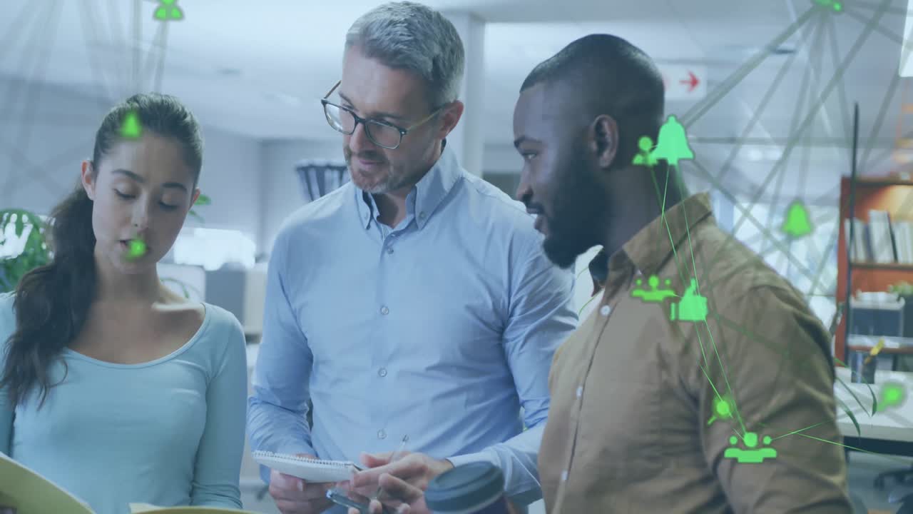 Animation of globe with network of connections over diverse business people in office