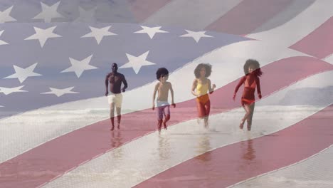 animación de la bandera de los estados unidos de américa sobre una feliz familia afroamericana en la playa