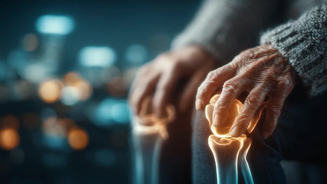 A close-up of an elderly individual's hands resting on a knee, highlighting joint health concerns and emphasizing the impact of aging on mobility and comfort
