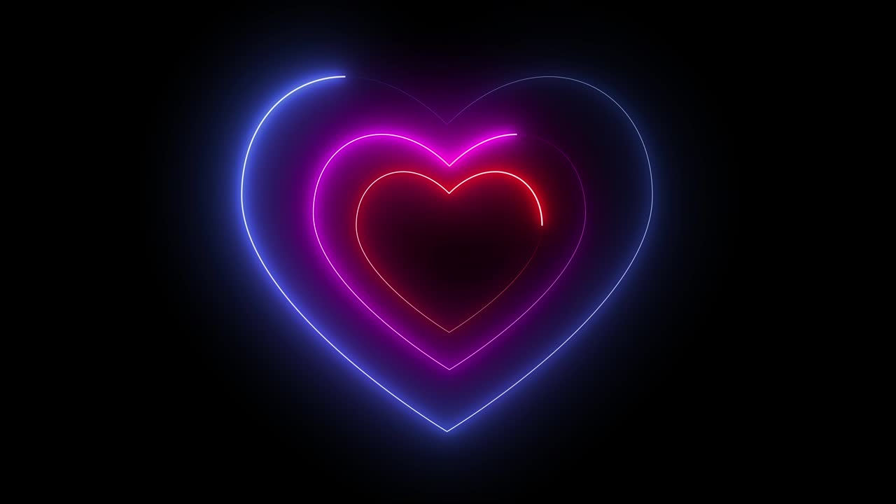 Cuore al neon. Tunnel scintillante multicolore di simboli d'amore. Animazione in loop