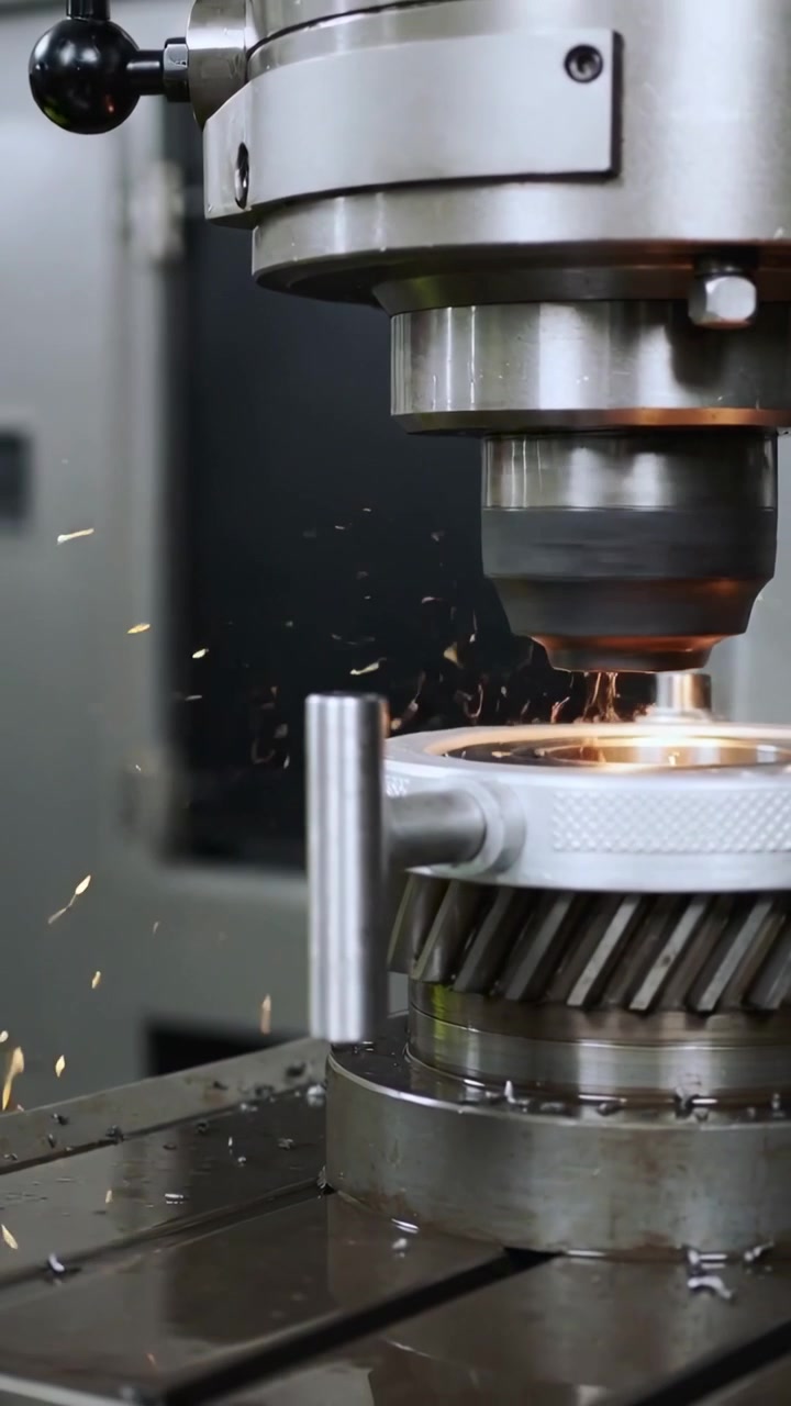 Vertical video: Aligning man in vest placing gear on mill to cut, spindle lowering, sparks flying