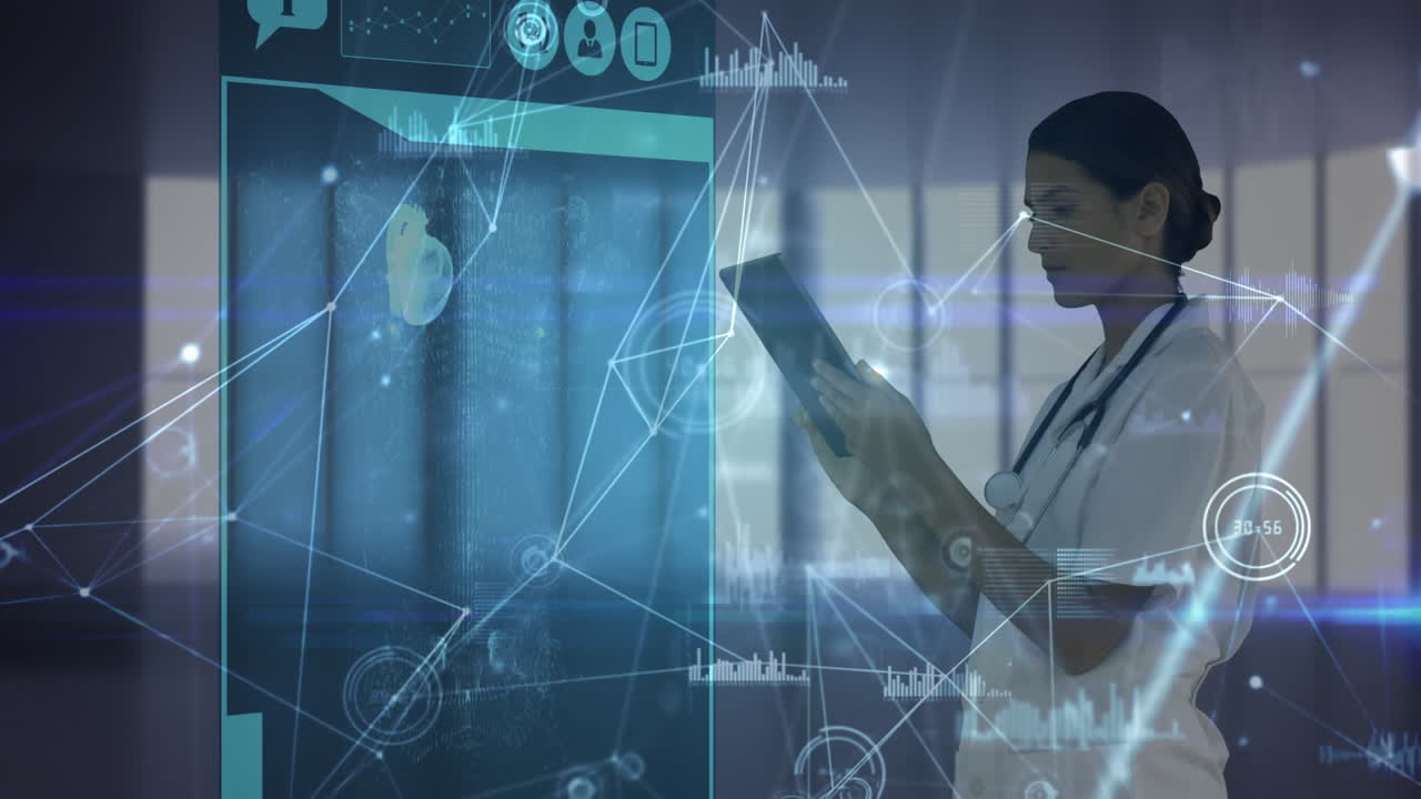 Female doctor uses tablet amidst medical data and global network for research.