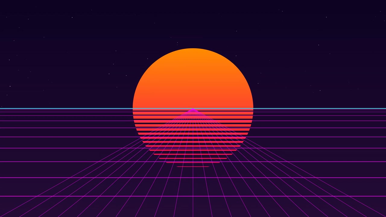 Tramonto in stile retro synthwave su un paesaggio a griglia digitale