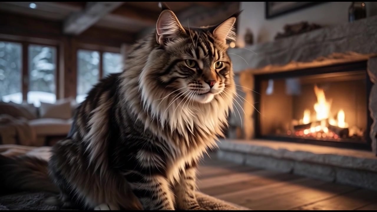 居心地の良い暖炉のそばで伸びをして座っているメインクーン猫