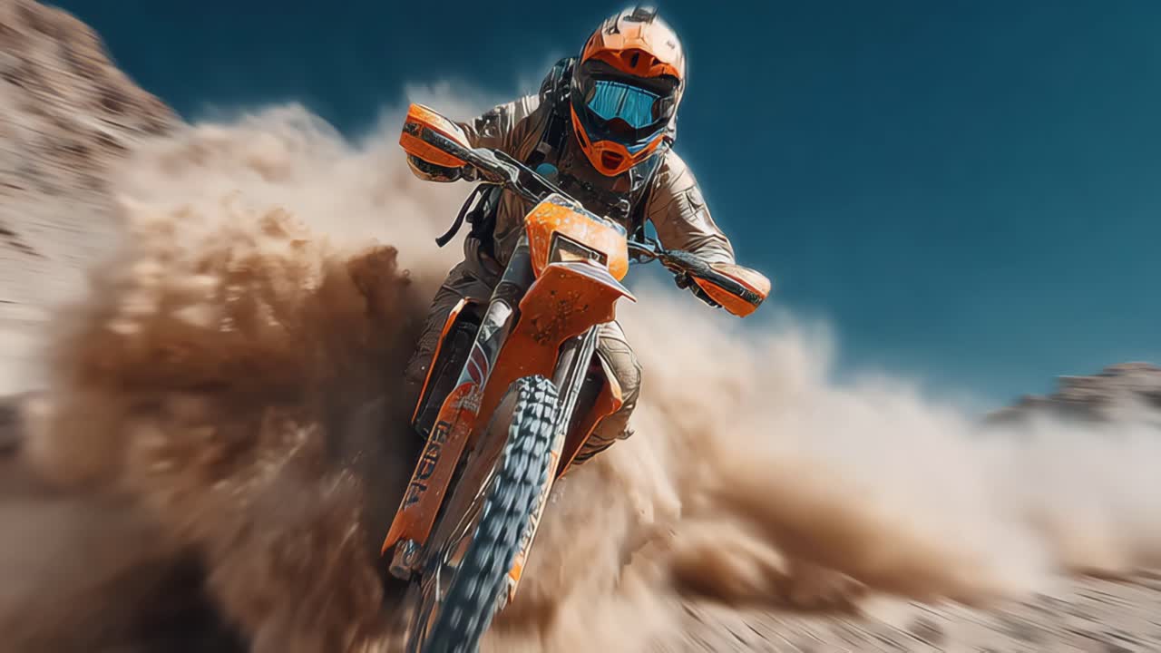 Explorando a aventura de andar de moto off-road no deserto com nuvem de poeira