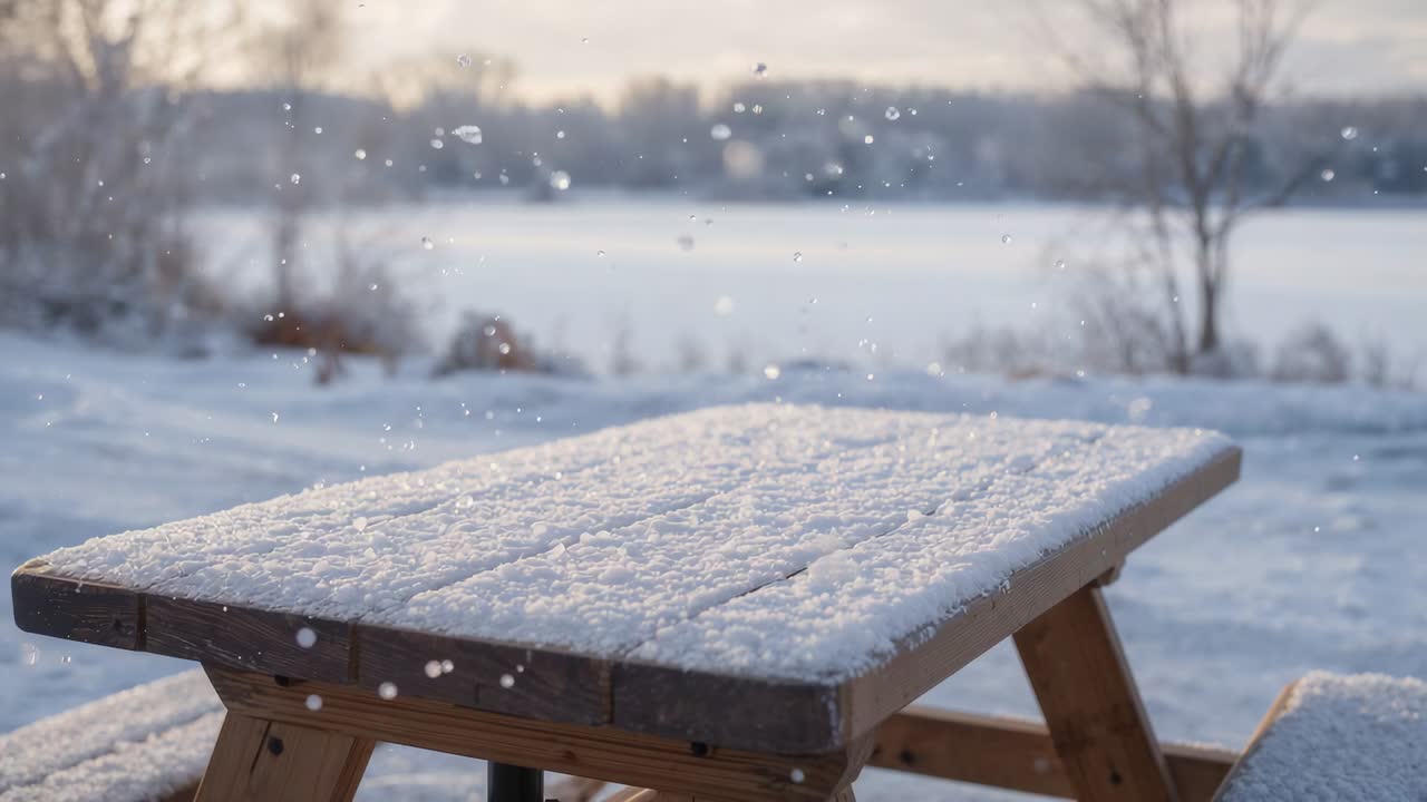 Light snowfall starting with falling flakes, plank-top table collecting fresh snow by frozen lake
