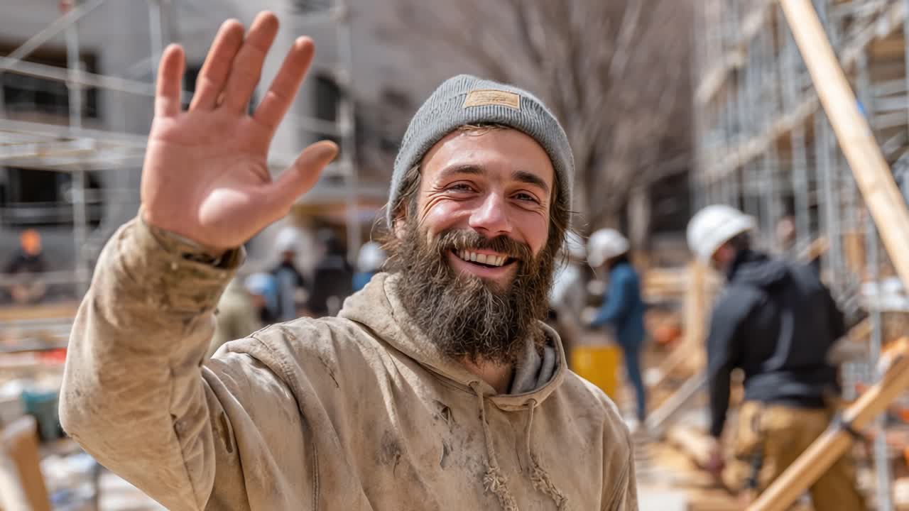 A Friendly Construction Worker Waves Hello with a Cheerful Smile on a Sunny Day on the Job Site, Surrounded by Fellow Workers and Building Structures