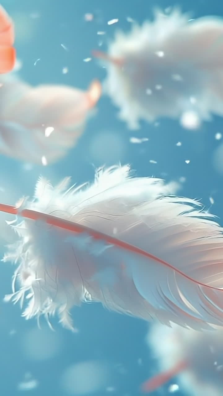Soft feathers in calm air. Delicate white feathers drift gently through a tranquil blue atmosphere, creating a peaceful visual experience.