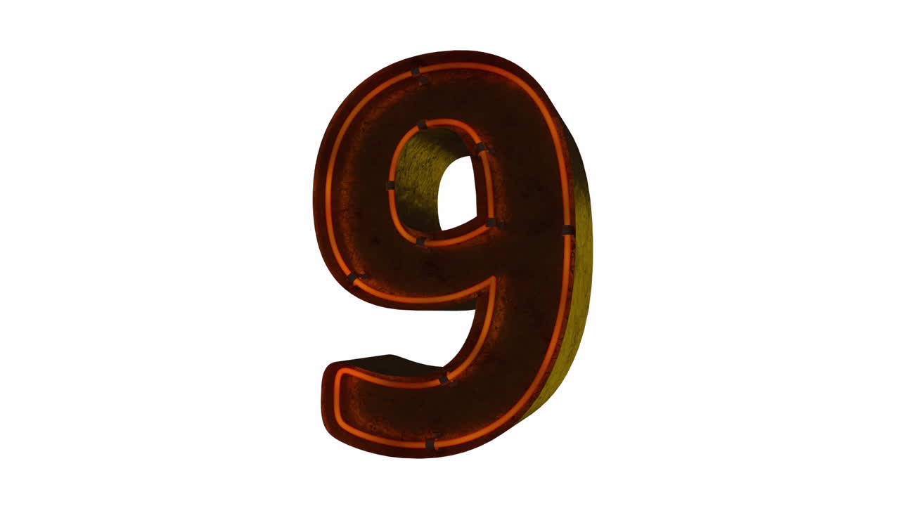 Numero nove animato al neon luminoso con effetto scintilla