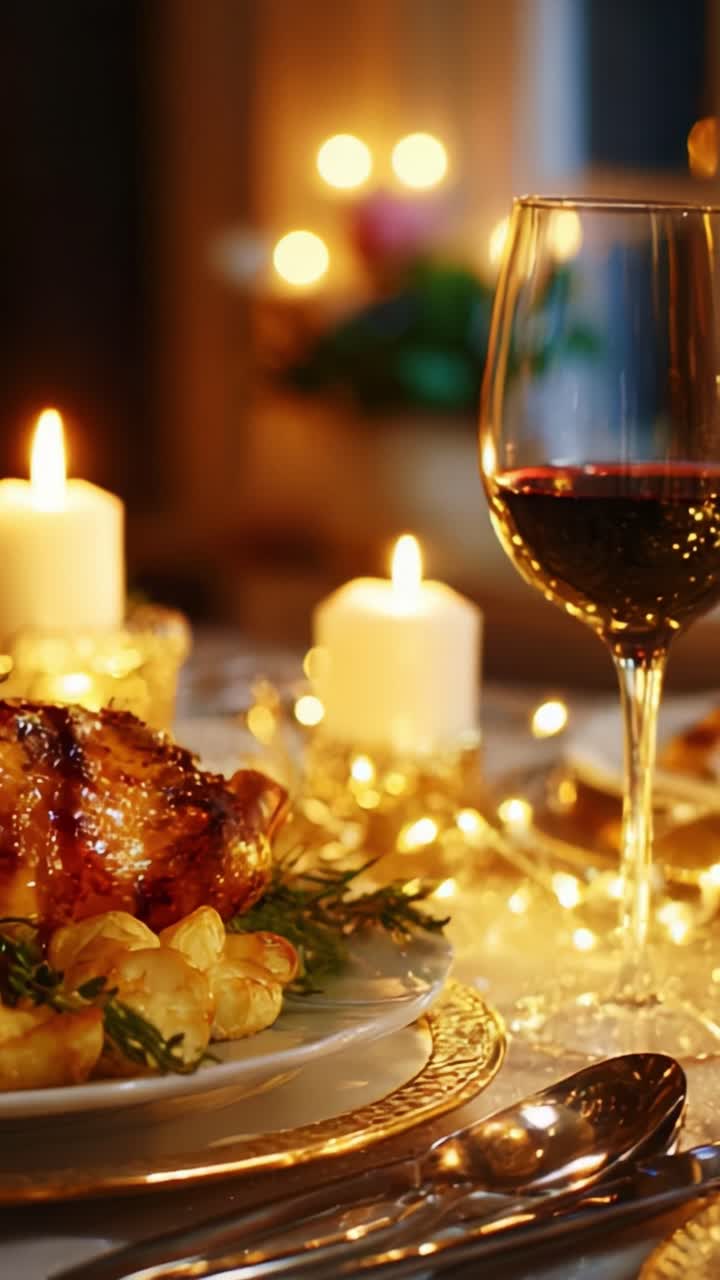 Gourmet Dinner Table Setting with Candlelight, Fine Wine, and a Delicious Roast Chicken Accompanied by Golden Potatoes, Sparkling Decorations, and a Warm, Inviting Atmosphere for a Special Occasion