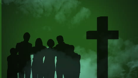 animation of silhouettes of christian cross and family on green backgroud